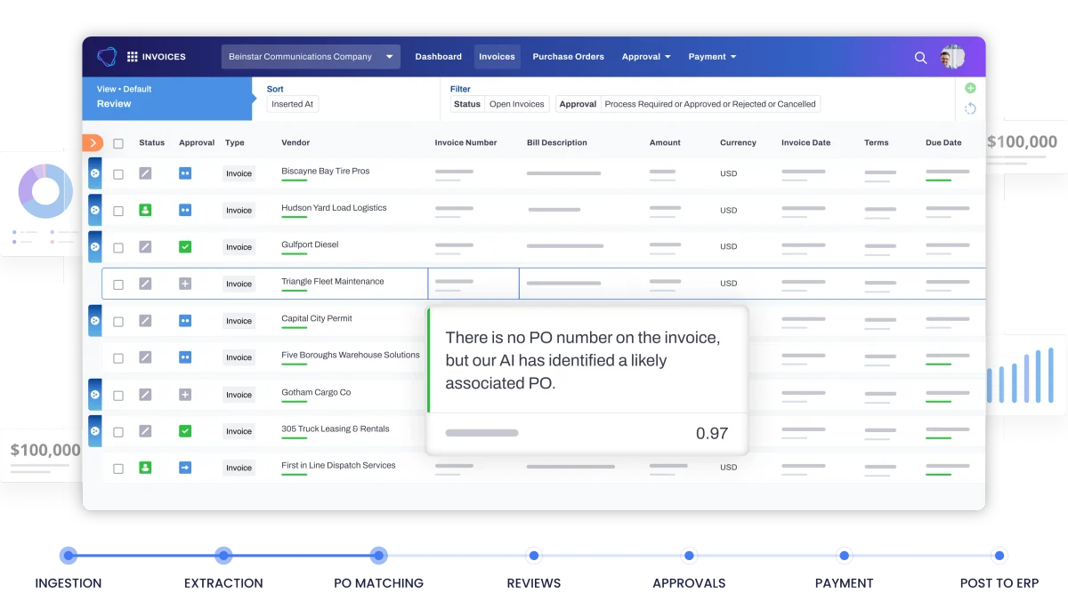Vic.ai workspace showing an invoice management table with an AI suggestion to link an invoice to a purchase order in a clean, modern interface.
