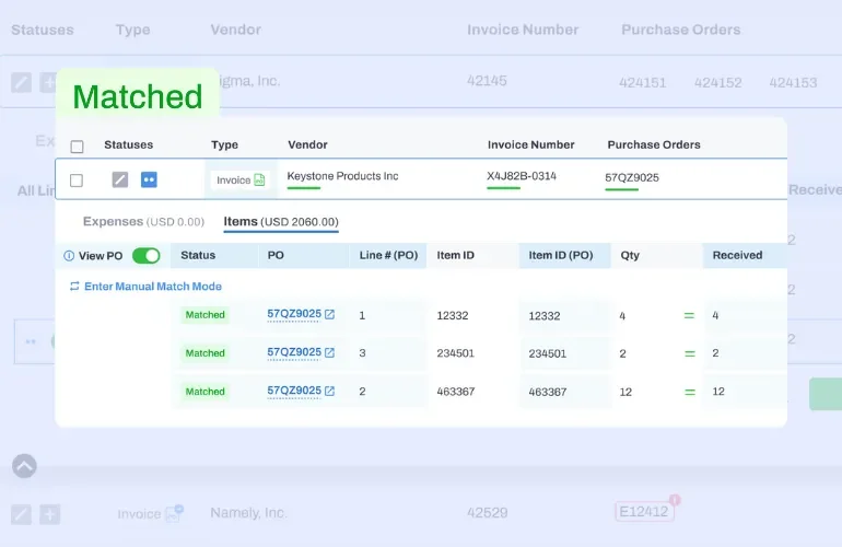 Vic-AI workspace UI showing automated invoice item matching to purchase orders with a clean, modern interface.