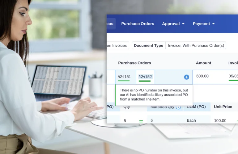 Vic.ai purchase orders workspace showing AI matching PO numbers to invoices with a clear interface.