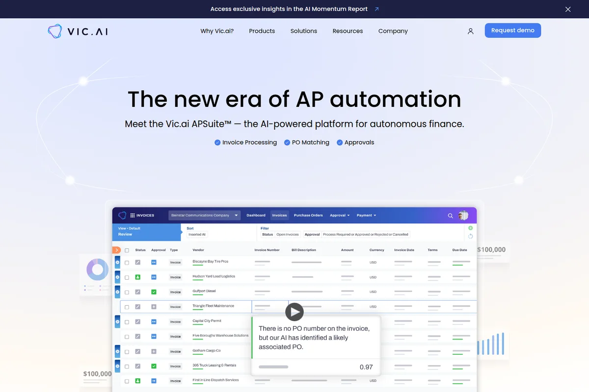 Vic.ai AP automation platform showcasing AI-powered invoice processing and purchase order matching in a modern UI.