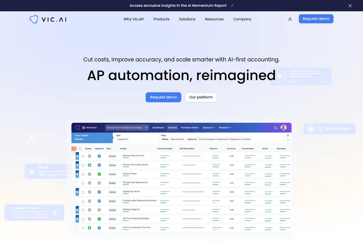 Vic.ai AP automation workspace showing invoice processing and approval management in a clean, modern UI.