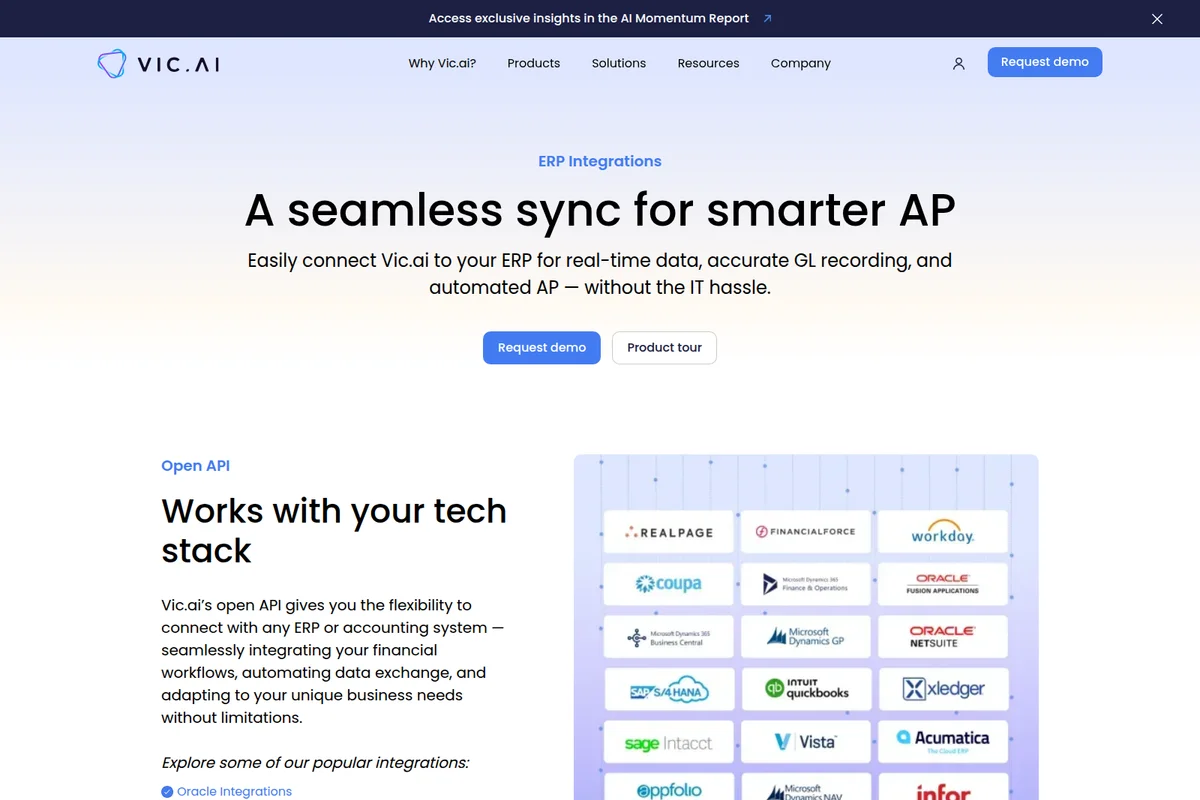 Vic.ai ERP Integrations page showcasing a grid of accounting and enterprise software logos for seamless connection.