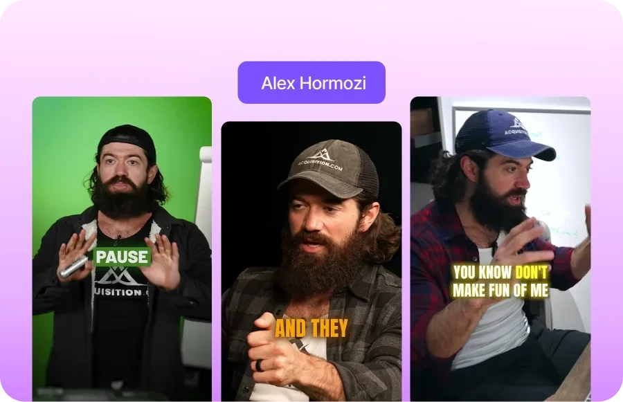 vidyo-ai output sample showing three vertical video clips of Alex Hormozi with auto-generated captions overlaid on a vibrant gradient background.