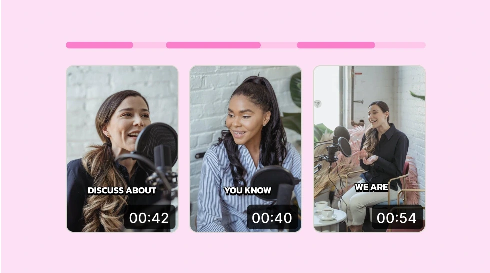 vidyo-ai output-sample showing AI-generated video snippets with captions and timestamps in a clean light-themed gallery interface.