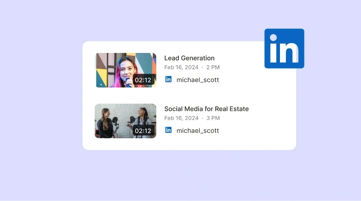 Vidyo AI output samples showing a list of short video clips with titles, timestamps, and LinkedIn integration in a clean interface.