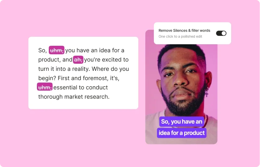 Vidyo AI video editor showing transcript editing with highlighted filler words and a video preview.