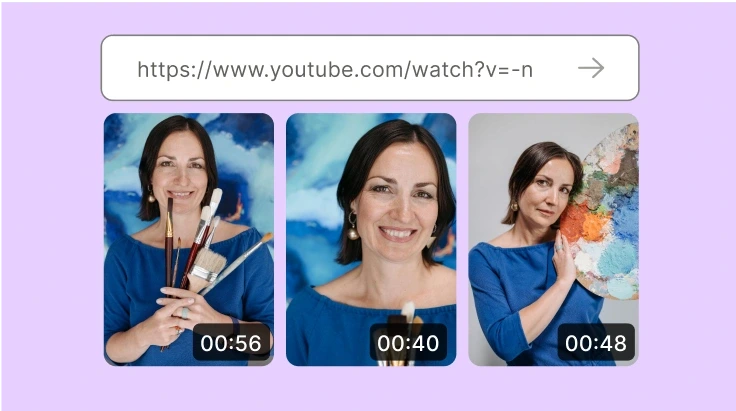 Vidyo.ai output samples showing varied video thumbnails featuring an artist, presented on a clean platform interface.
