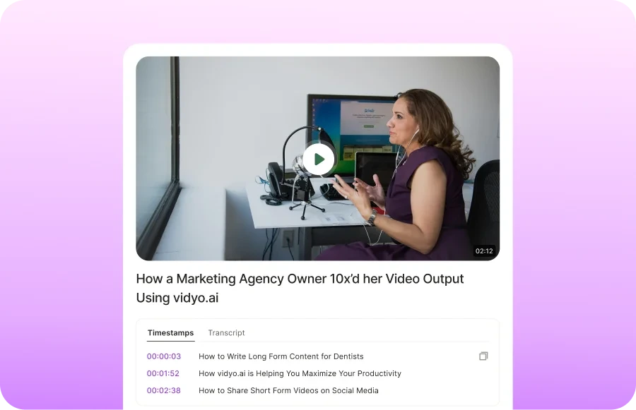 vidyo.ai video player interface showcasing a processed video with automatically generated timestamps and a full transcript.