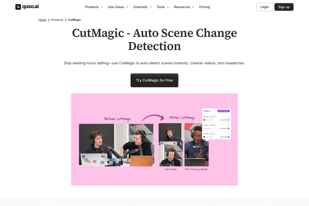 Quso.ai CutMagic feature demo showing auto scene change detection and speaker auto-framing in a before-and-after video comparison.