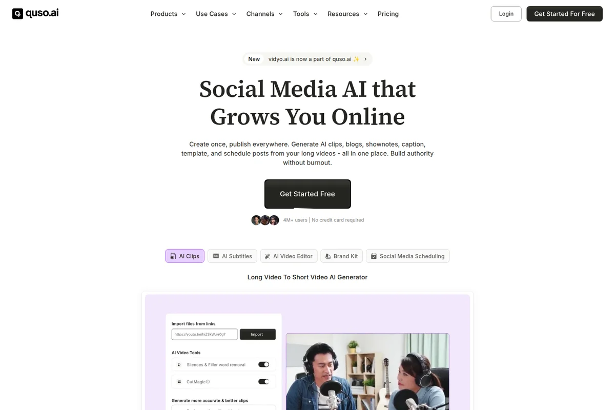 quso.ai homepage displaying AI video clipping tools with a video import interface and a clean, light-themed design.