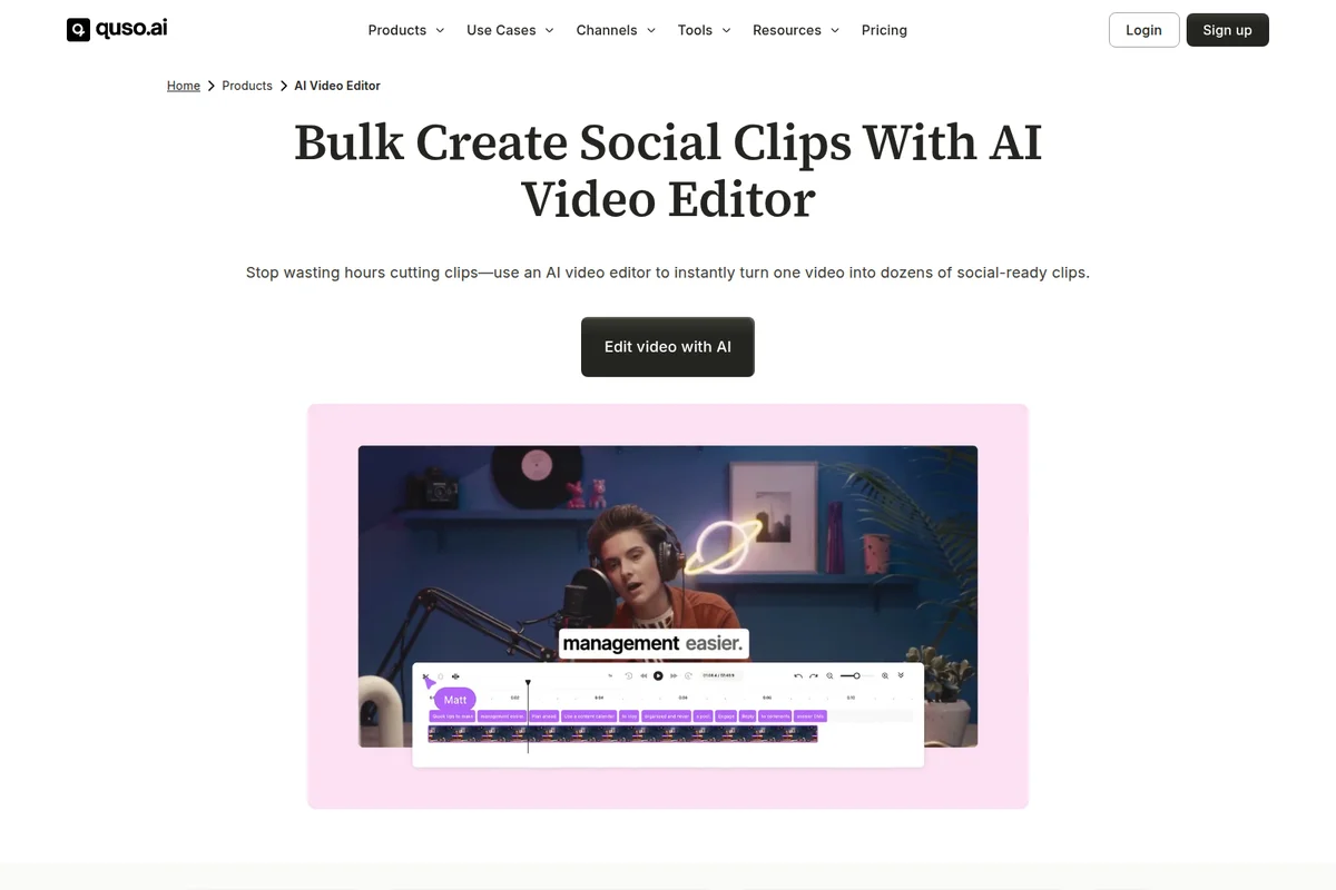 Quso.ai AI Video Editor workspace demonstrating automated social clip creation on a video timeline and transcript-based editing in a clean interface.