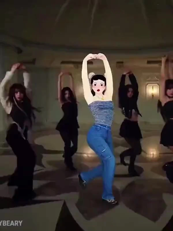 Viggle output sample showing an AI-generated animated character dancing with real performers in a dimly lit studio.