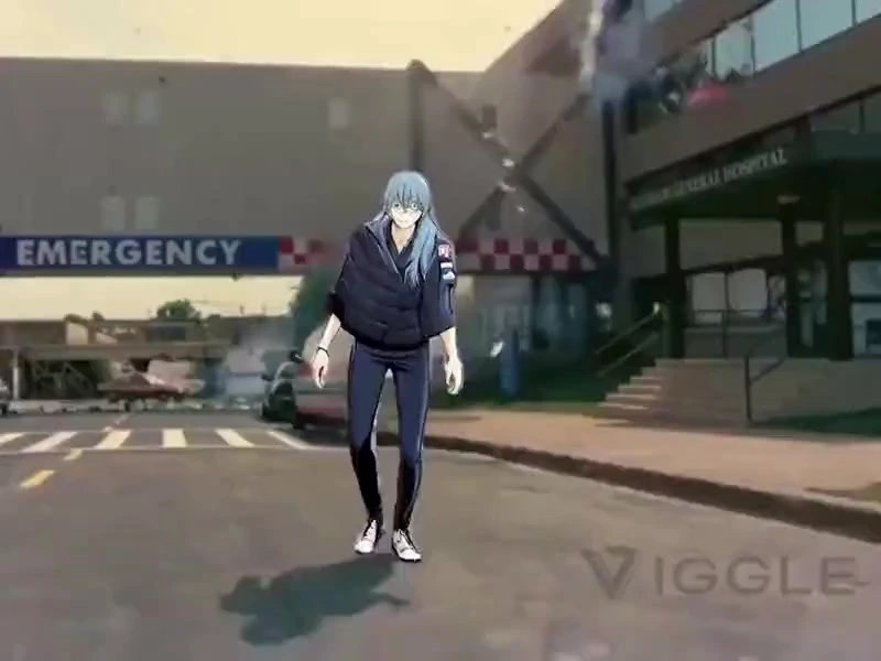 Viggle output sample showing an animated anime character walking in front of a hospital emergency entrance.