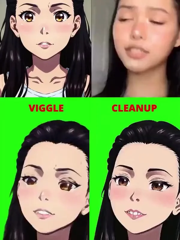 Viggle AI animation demonstration showing a real person transformed into an anime-style character, with raw 'Viggle' output and a refined 'Cleanup' version.