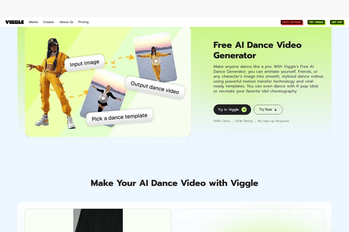 Viggle AI dance video generator showing input image, dance template, and output video in an intuitive visual workflow.