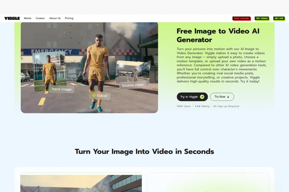 Viggle feature deep-dive showing AI image to video generation with a clear input, source, and output demonstration in 1080p.