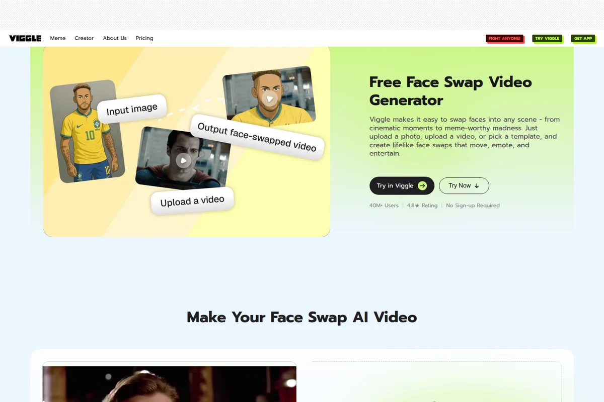 Viggle landing page hero section showing the face swap video generation process with a vibrant, illustrative design.