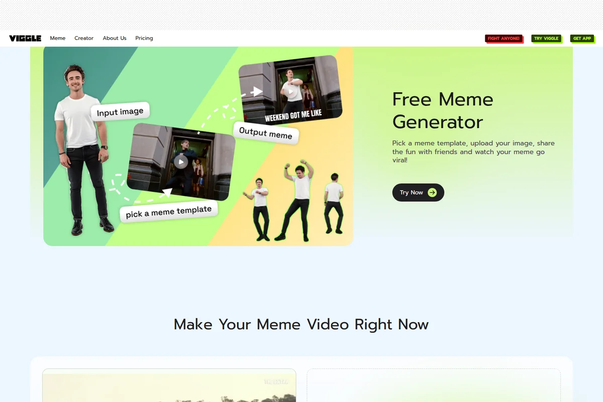 Viggle meme generator showing the process of transforming an input image into a dancing meme video with a modern, gradient-style interface.