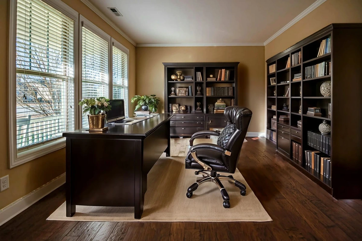 virtual-staging-ai output-sample showing a sophisticated virtual staging of a home office with dark wood furniture and warm walls