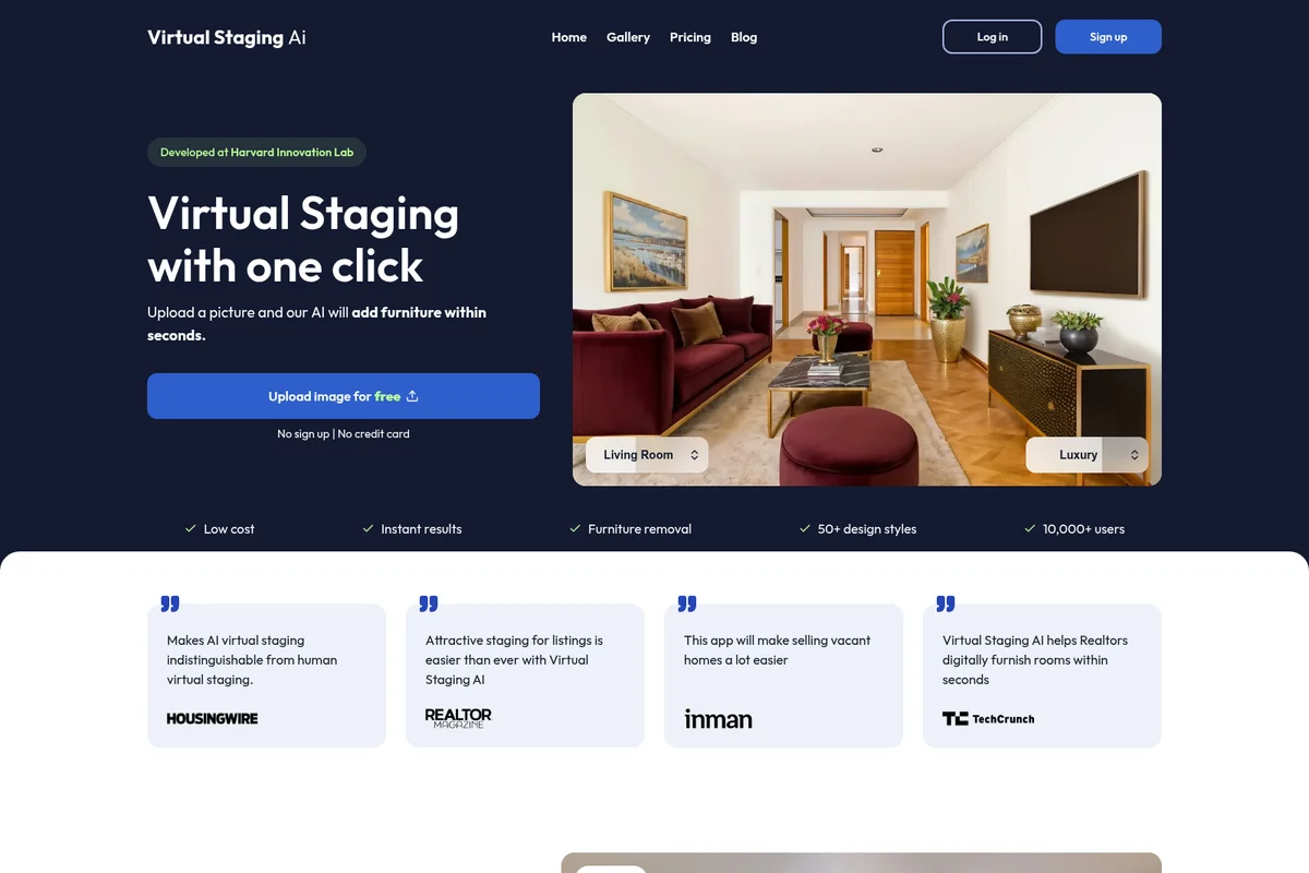 Virtual Staging AI homepage hero showing an AI-furnished living room in a modern dark-themed interface.