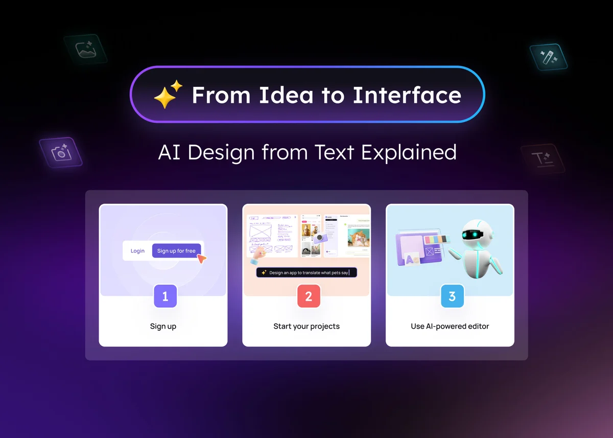 Visily feature deep-dive explaining AI design from text workflow with signup, prompt input, and editor steps in a modern dark-themed interface.