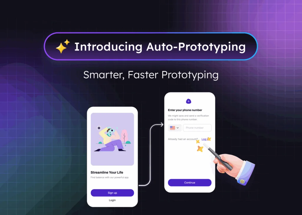 Visily feature deep-dive showcasing auto-prototyping between two mobile app screens, highlighted by a magic wand illustration.