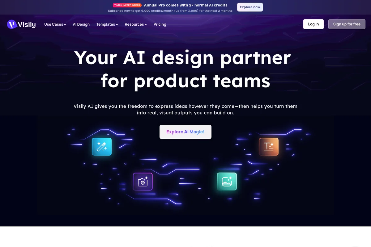 Visily AI landing page hero section showcasing AI design partnership for product teams with glowing futuristic icons.