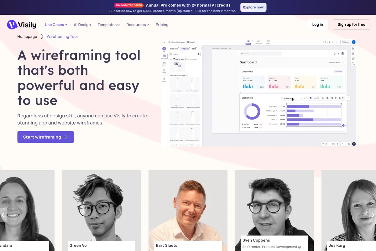 Visily wireframing tool workspace showing a dashboard being edited with a clean, modern interface.
