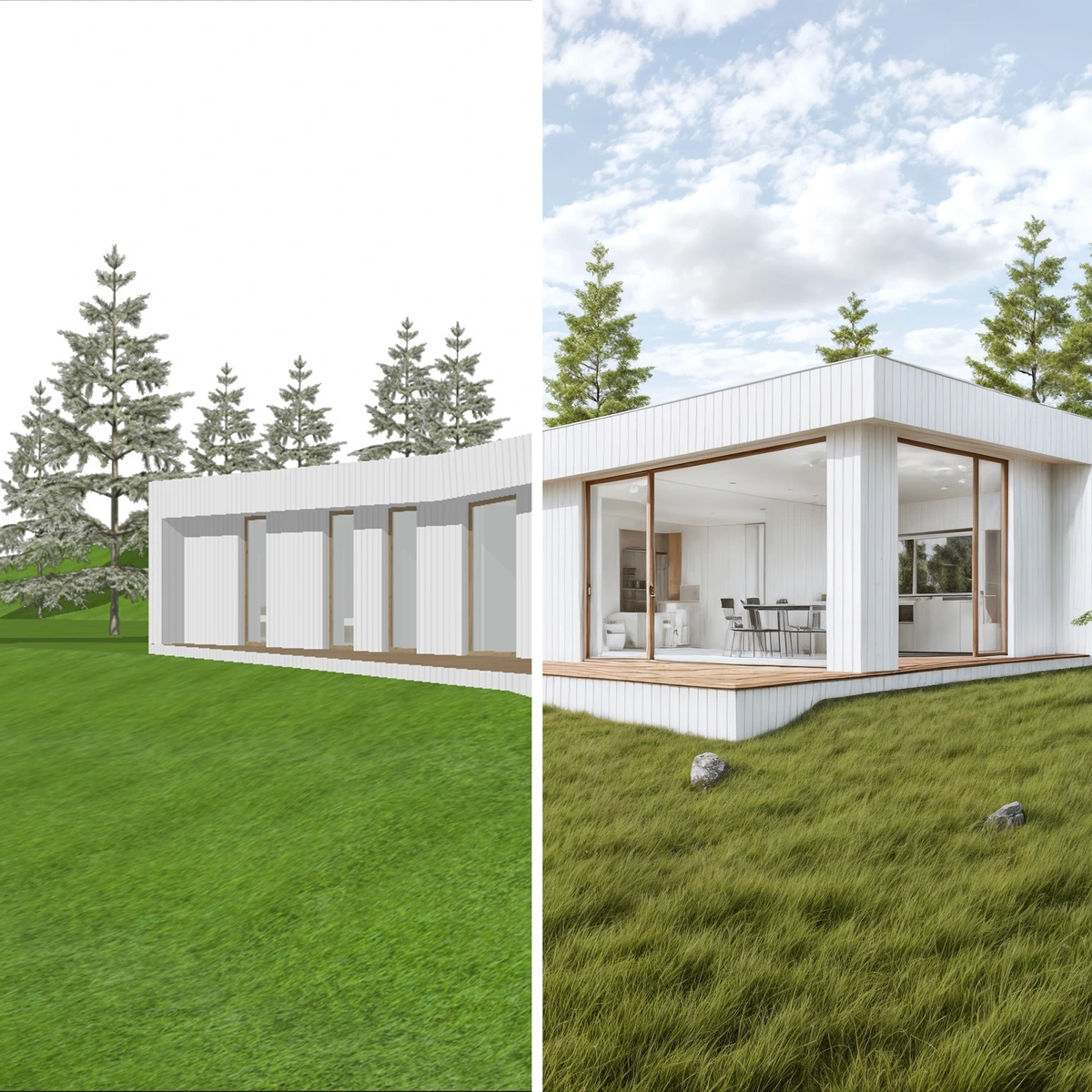 Visoid architectural rendering output showing a modern house transformed from a simple 3D model to a photorealistic outdoor scene.