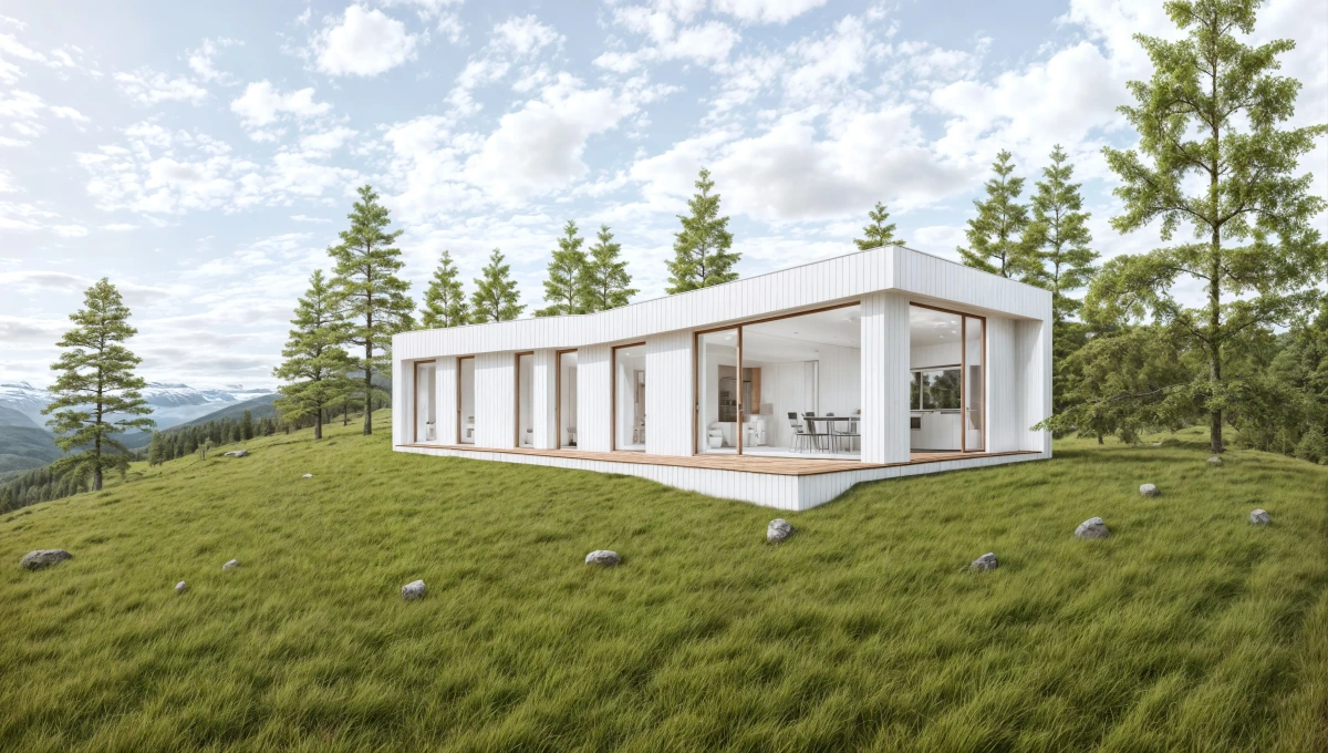 Visoid architectural rendering showcasing a modern white house on a grassy hill in a photorealistic style.