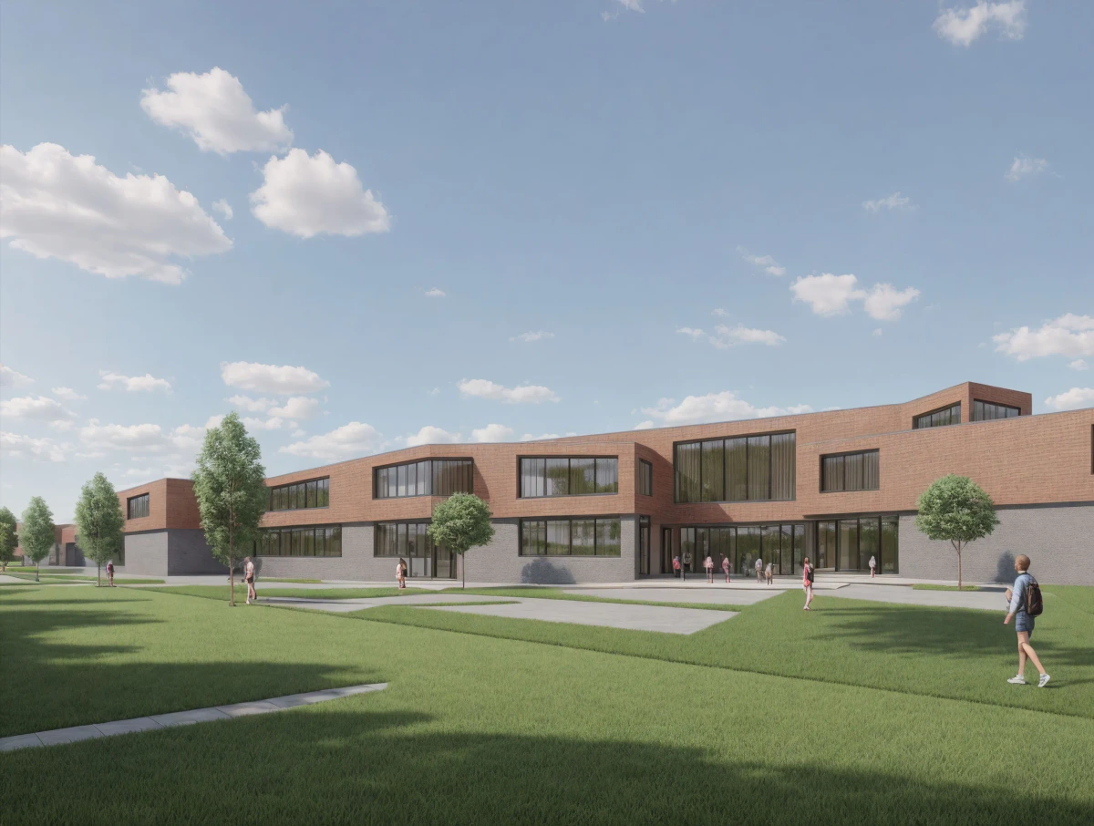 visoid output sample showing a modern school building rendering with a realistic daytime scene
