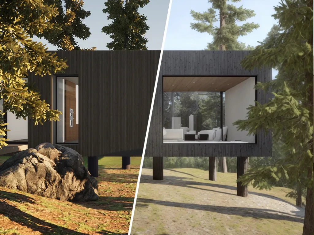 Visoid architectural rendering showing a modern cabin in a forest with a split-screen comparison of two visualization styles, featuring photorealistic details.
