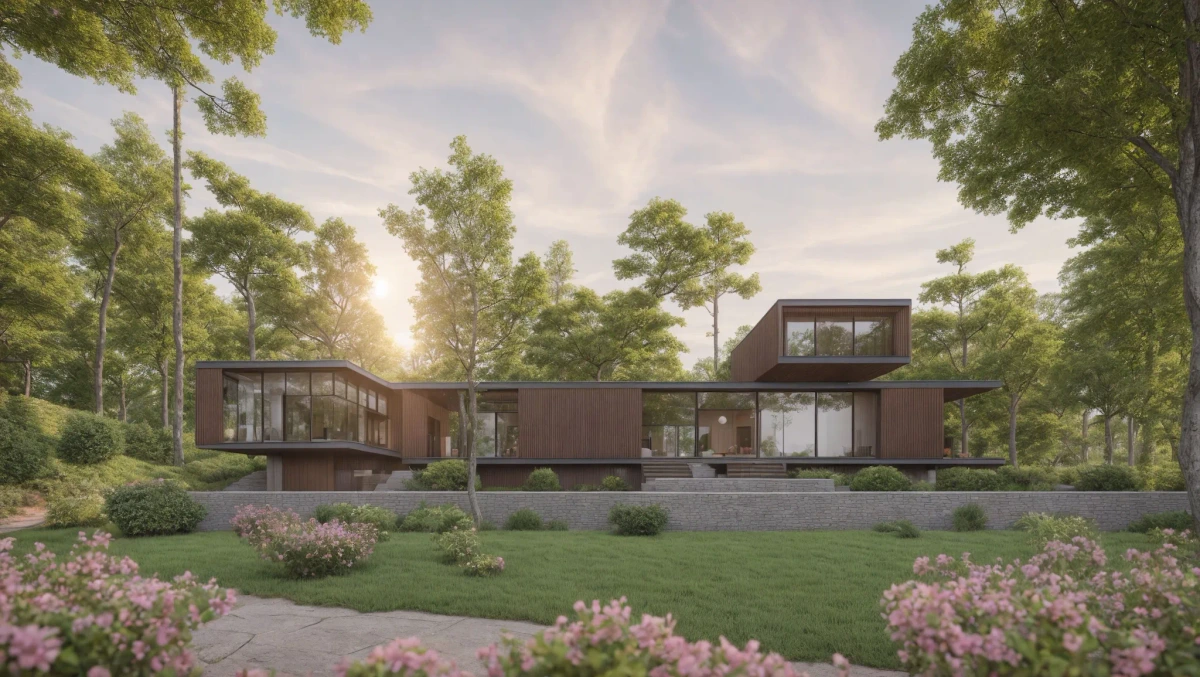 Visoid output sample of a modern house design with wood and glass, set in a lush forest during golden hour, demonstrating photorealistic rendering.