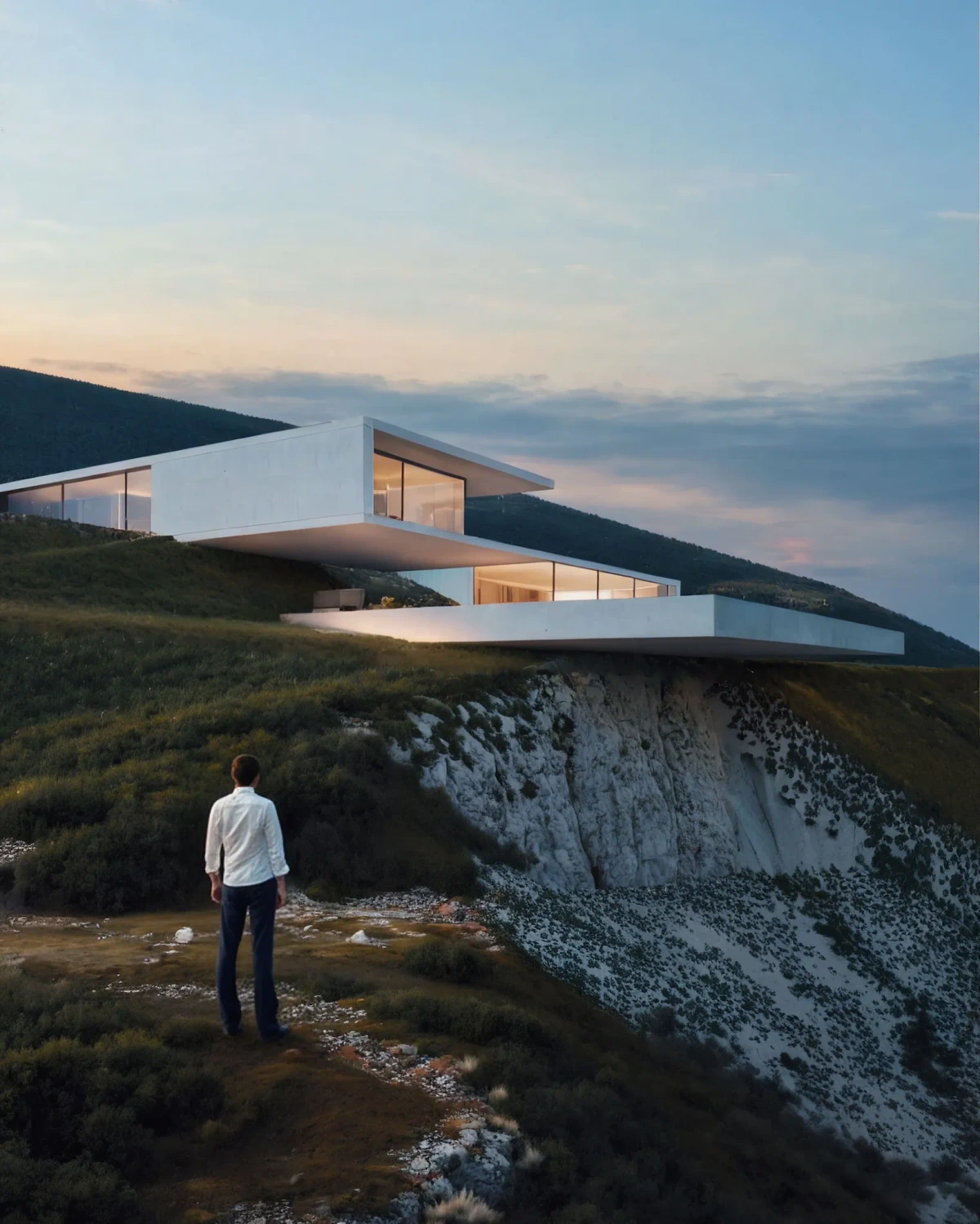visoid architectural rendering showcasing a modern cliffside house at sunset with a person observing the dramatic view