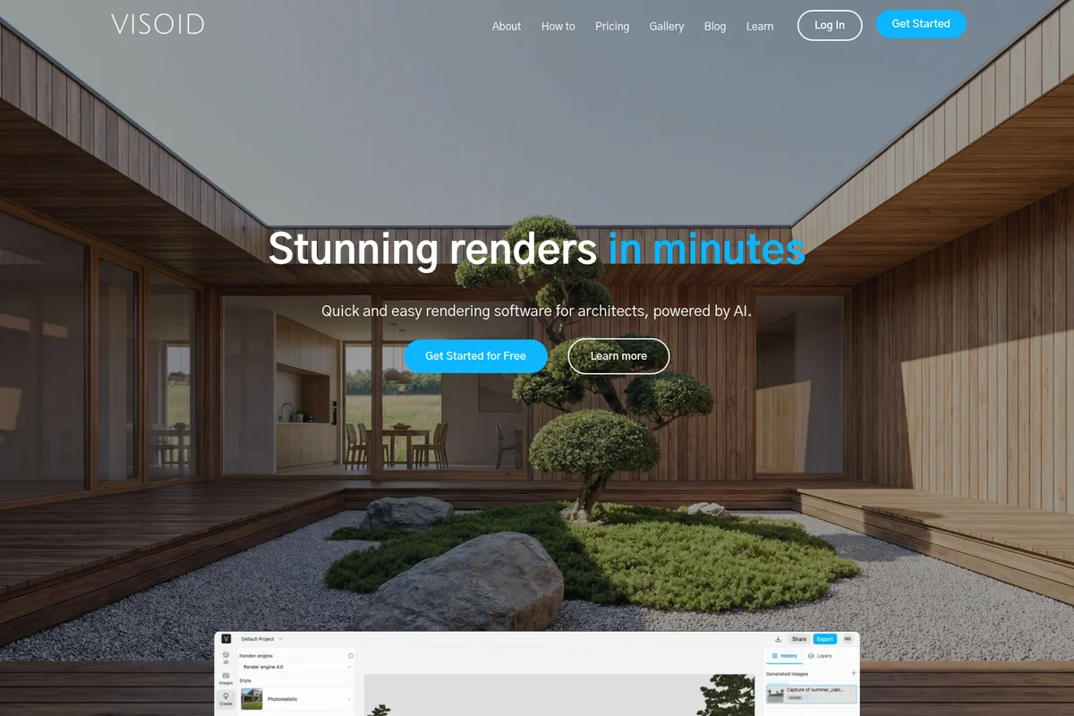 Visoid homepage hero showcasing stunning architectural renders made with AI, featuring a modern and photorealistic UI snippet.