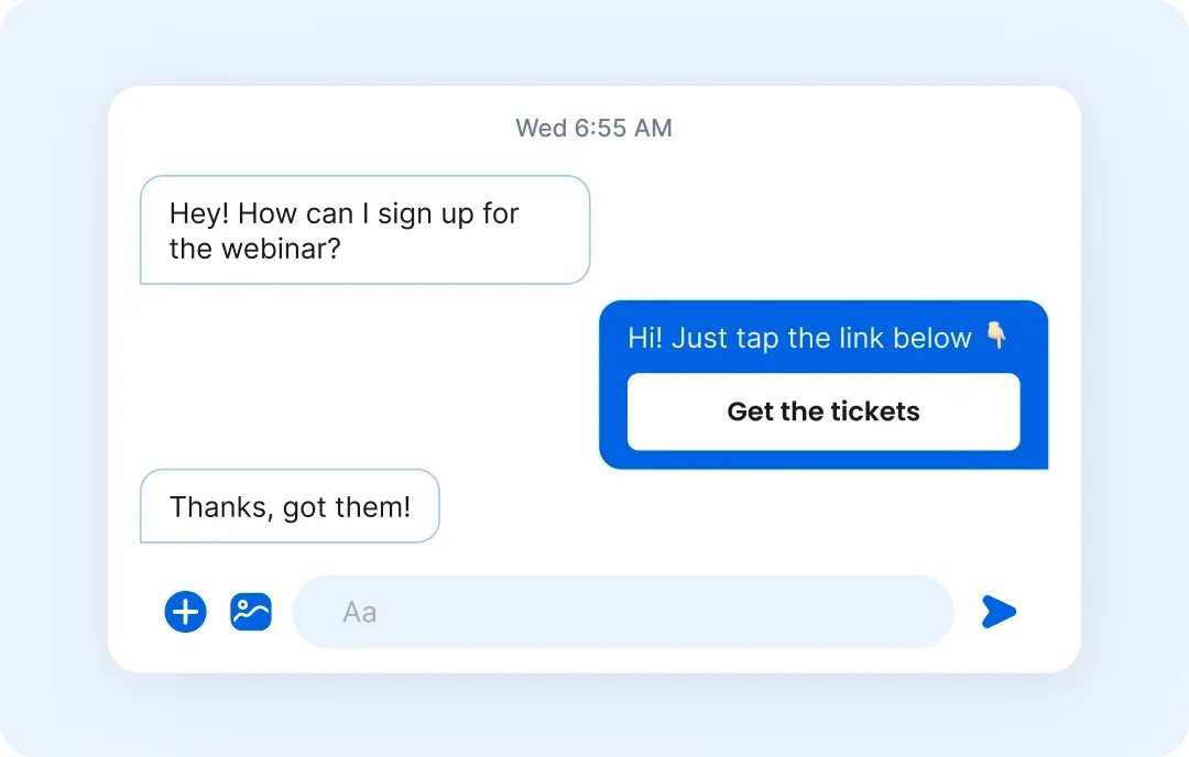 Vista Social chat interface showing a user asking about a webinar and receiving a 'Get the tickets' button link.