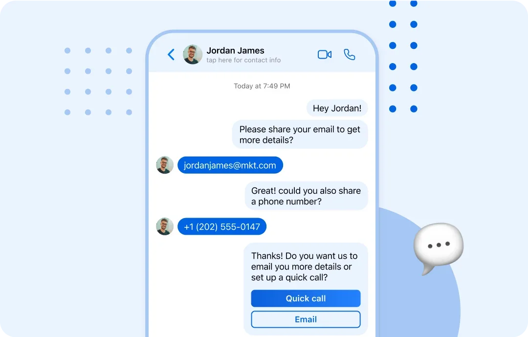 Vista Social mobile chat interface showing contact information exchange with Jordan James, offering quick call and email follow-up options.