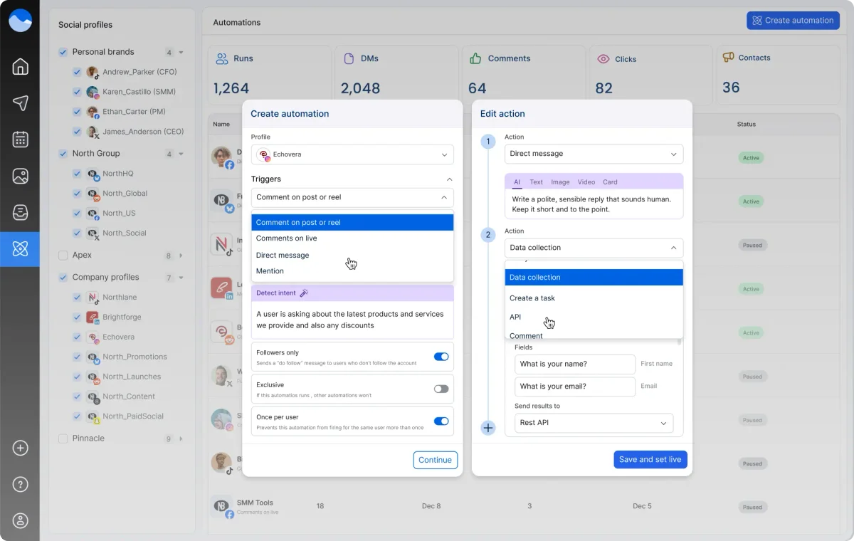 Vista Social automation builder showing trigger and action settings for comment replies and data collection with a clean, modern interface.