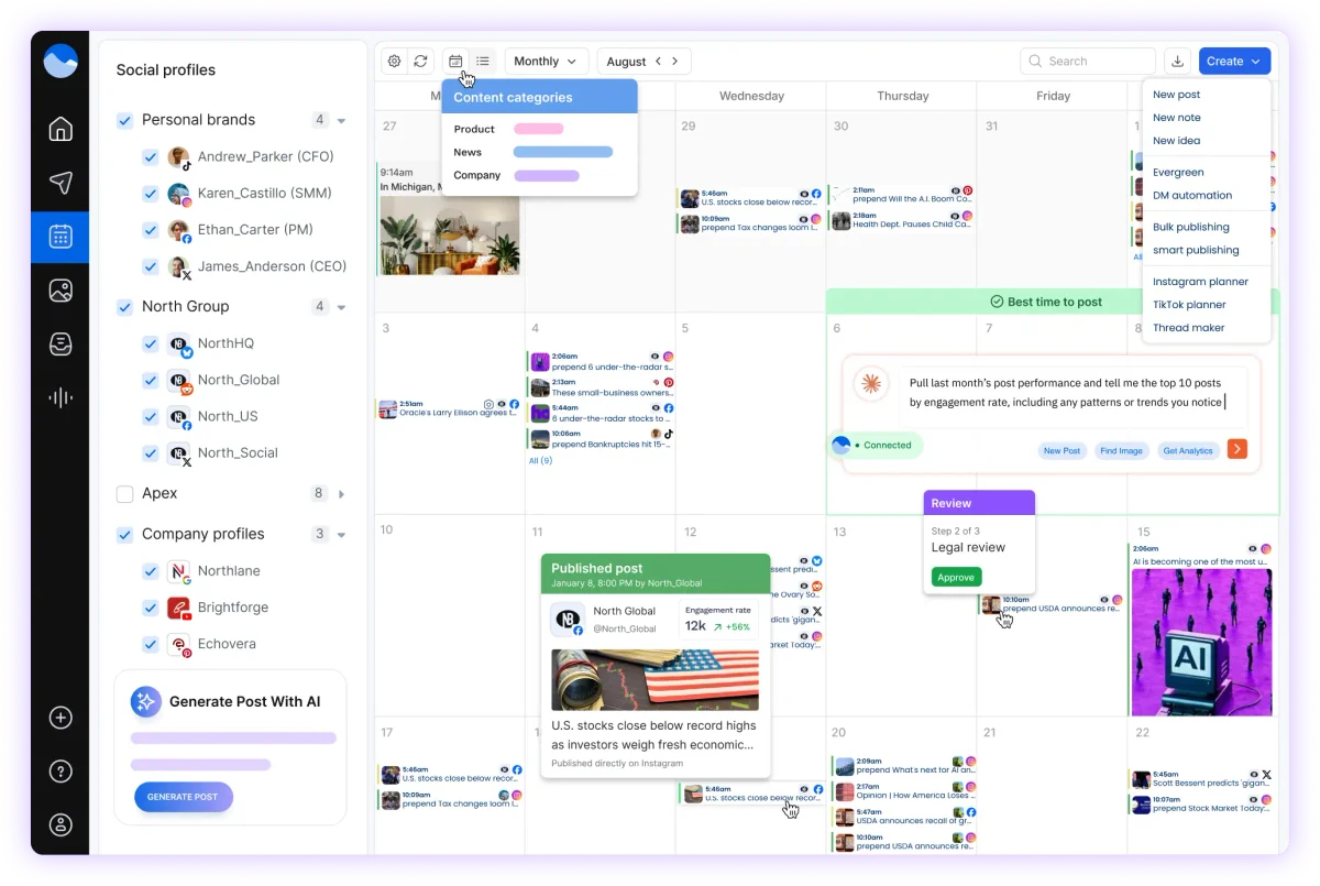 Vista Social content calendar showing social profiles, scheduled posts, AI generation, and legal review workflow in a sleek interface.