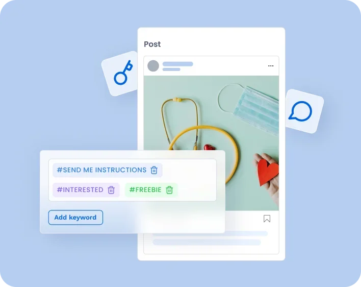 Vista Social keyword automation interface showing hashtags for social media posts with a clean, glassmorphism design.