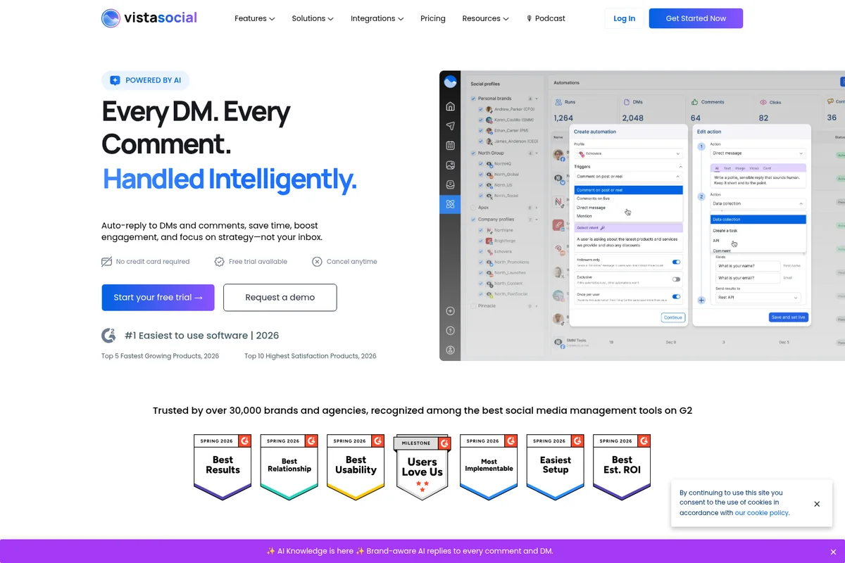 Vista Social feature deep dive showing direct message automation setup within a modern clean UI.