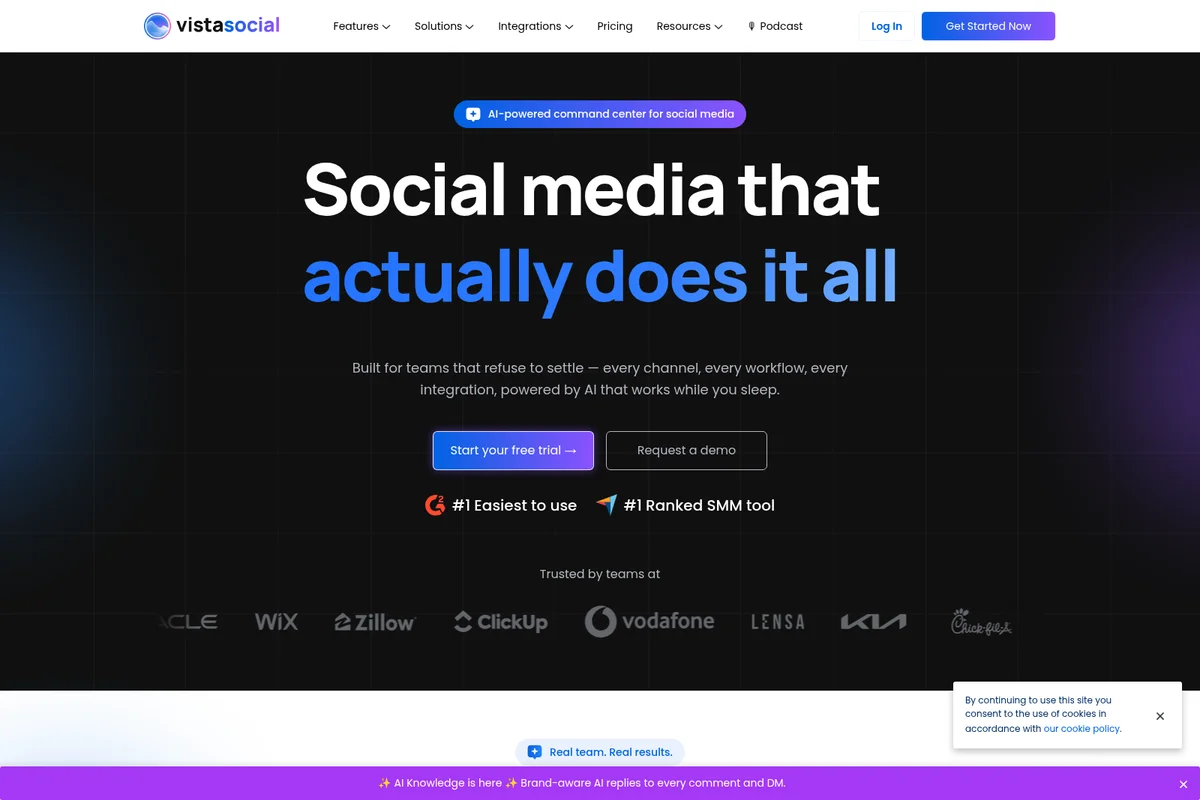 Vista Social homepage hero section promoting AI-powered social media management with a dark-mode sleek aesthetic.