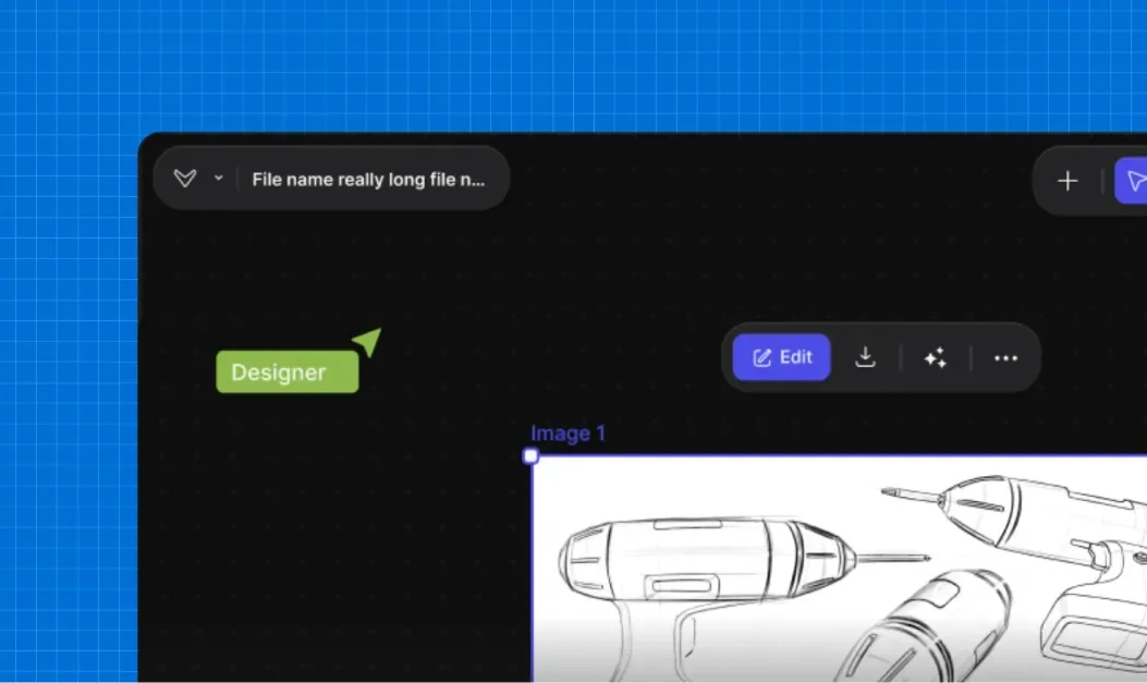 Vizcom workspace showing a design canvas with a technical sketch of drills and a dark-mode interface.