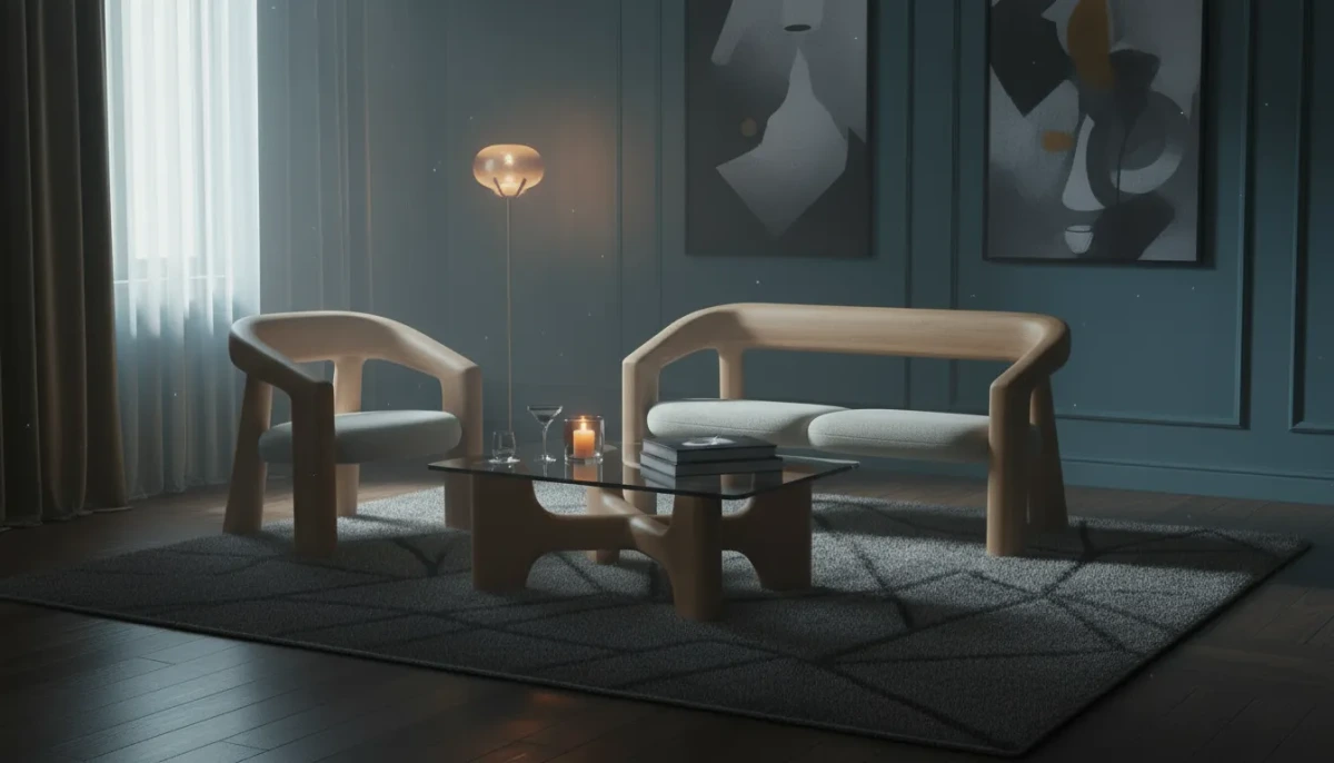 Vizcom output sample showing a modern living room design rendered with photorealistic quality and soft ambient lighting.