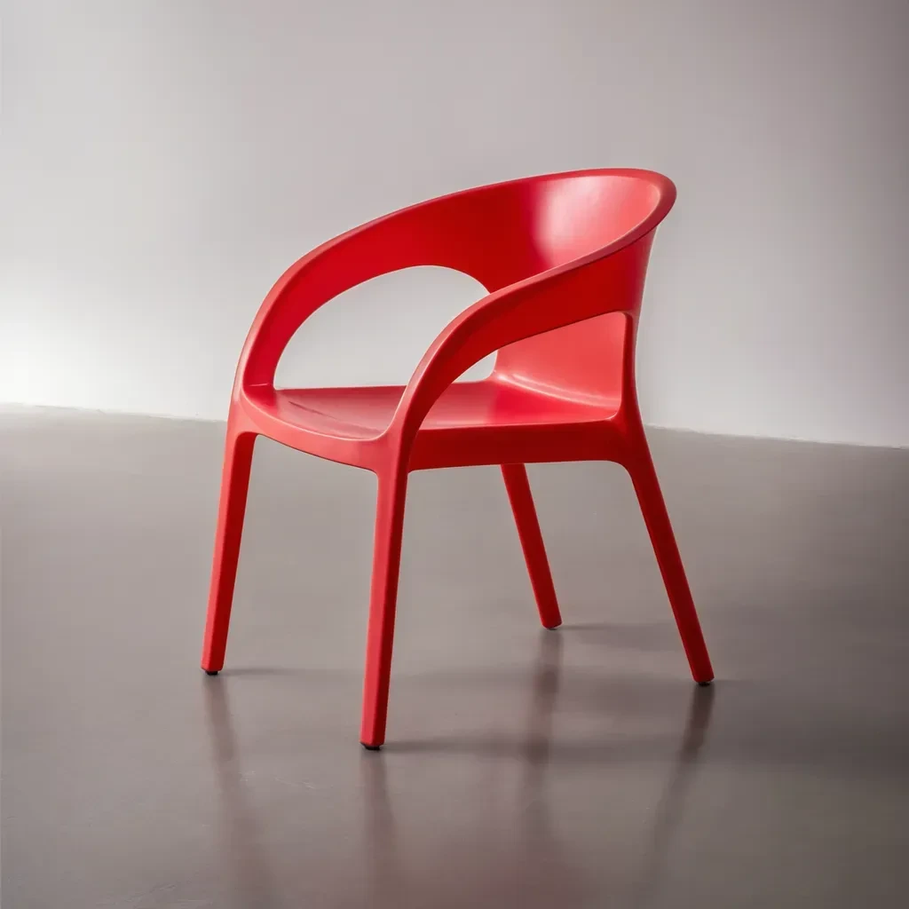 Vizcom AI-generated photorealistic render of a modern red chair against a minimalist background.