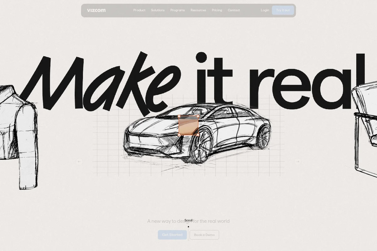 Vizcom landing hero showing 'Make it real!' tagline with hand-drawn sketches of a car, jacket, and chair on a clean grid background.