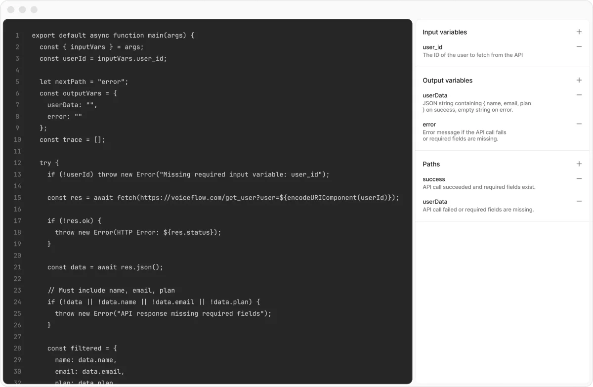 Voiceflow custom code editor showing API integration logic and variable mapping, with a dark-mode interface.