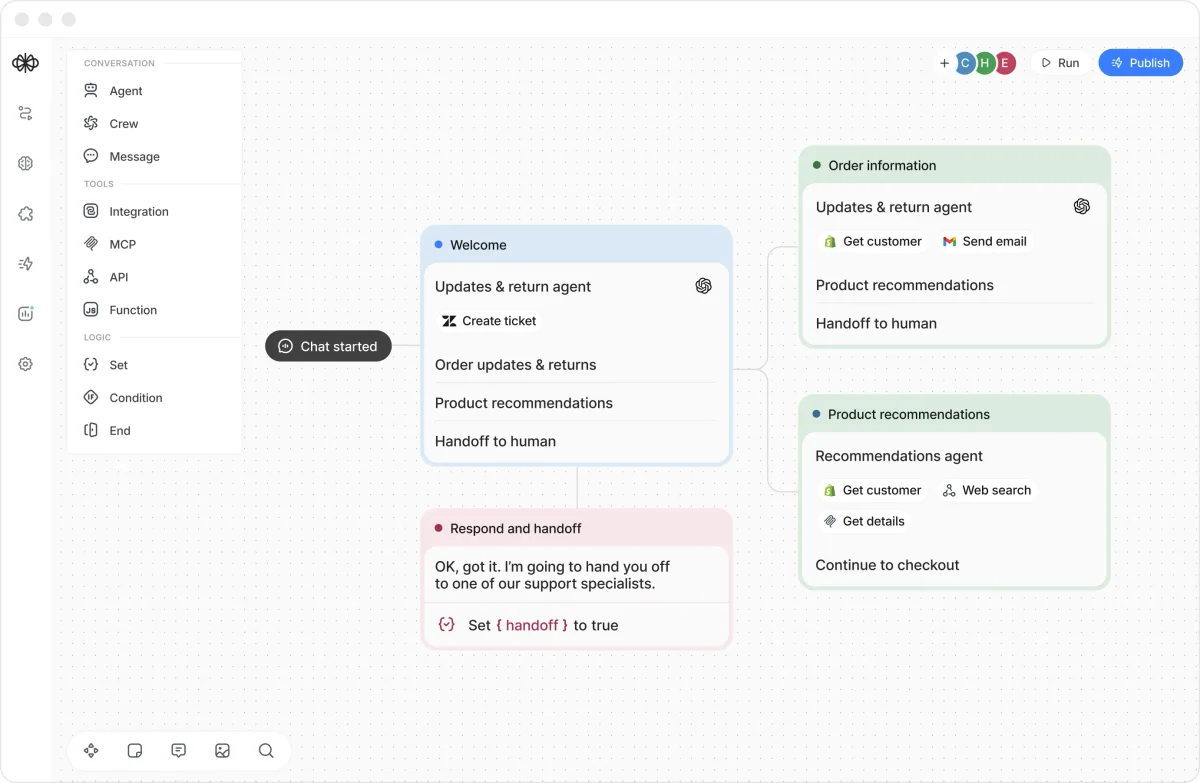Voiceflow workspace showing a conversational AI agent flow being designed with a clean, node-based interface.