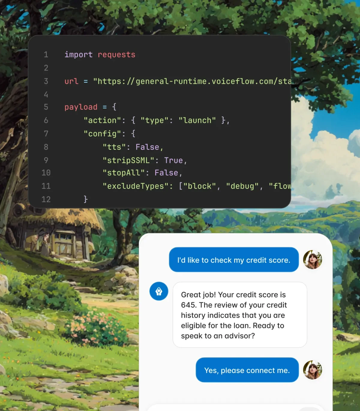 Voiceflow displaying API integration for a conversational AI and a credit score check in a modern chat interface.