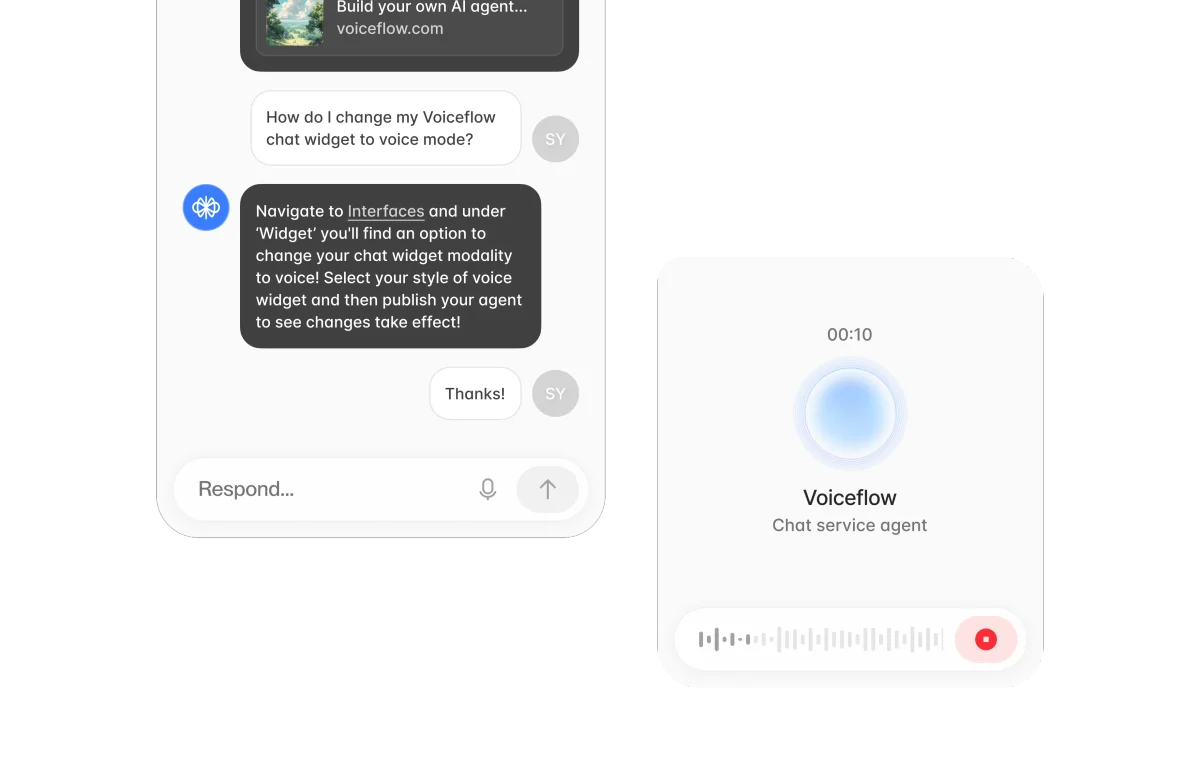 Voiceflow chat widget demonstrating how to activate and use voice mode with a real-time audio recording interface.